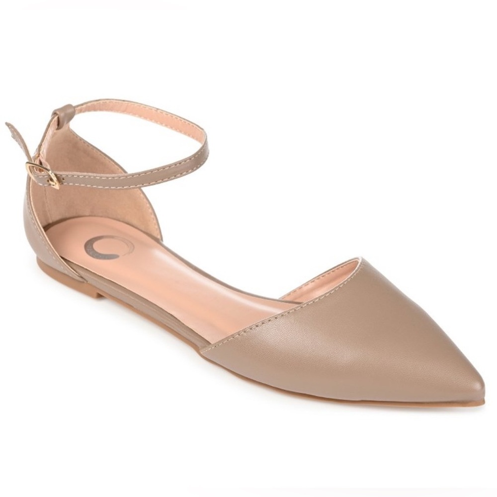 Ankle-Strap Pointed Toe Flats in Taupe